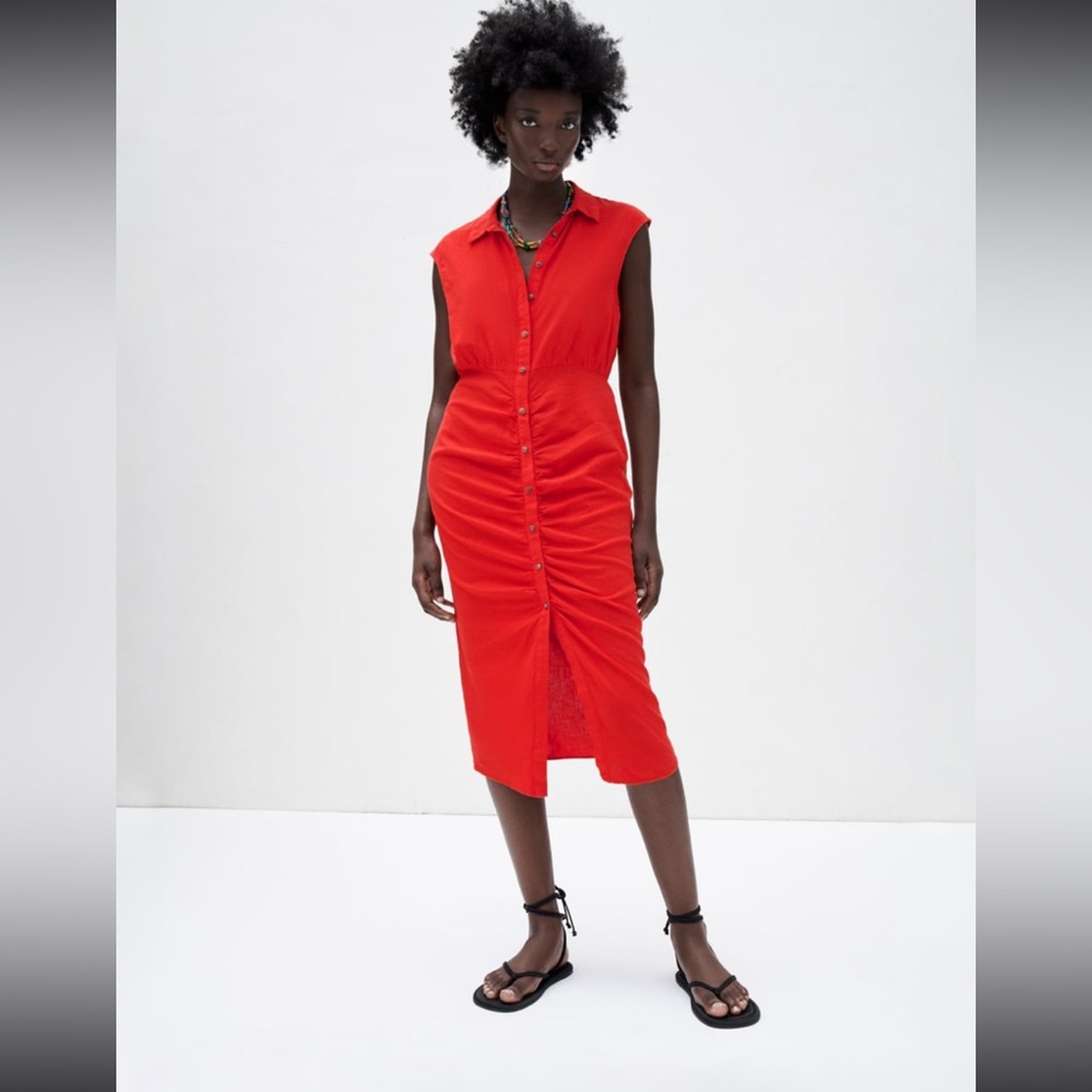 Zara Linen Blend Ruched Red Dress M New